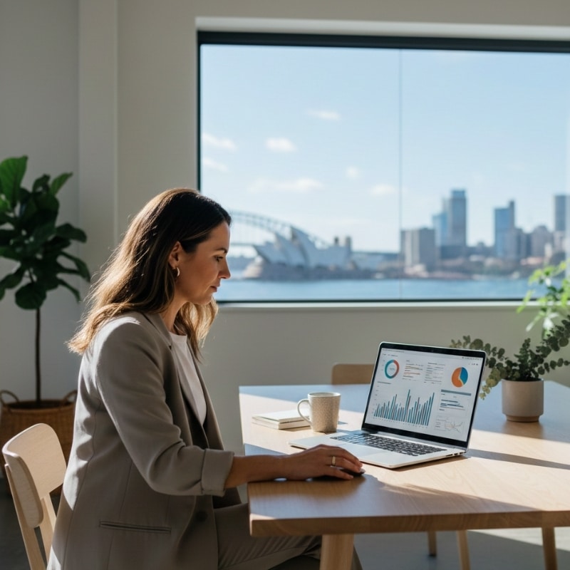 Australian business owner reviewing an SEO checklist dashboard showing organic visibility and lead metrics.