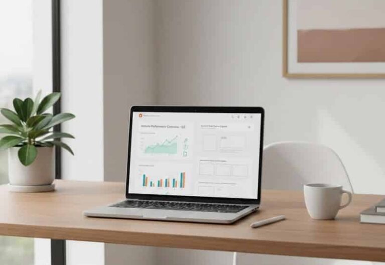 Laptop displaying a website audit dashboard highlighting on-page SEO elements like headings, internal links, mobile usability and page speed.