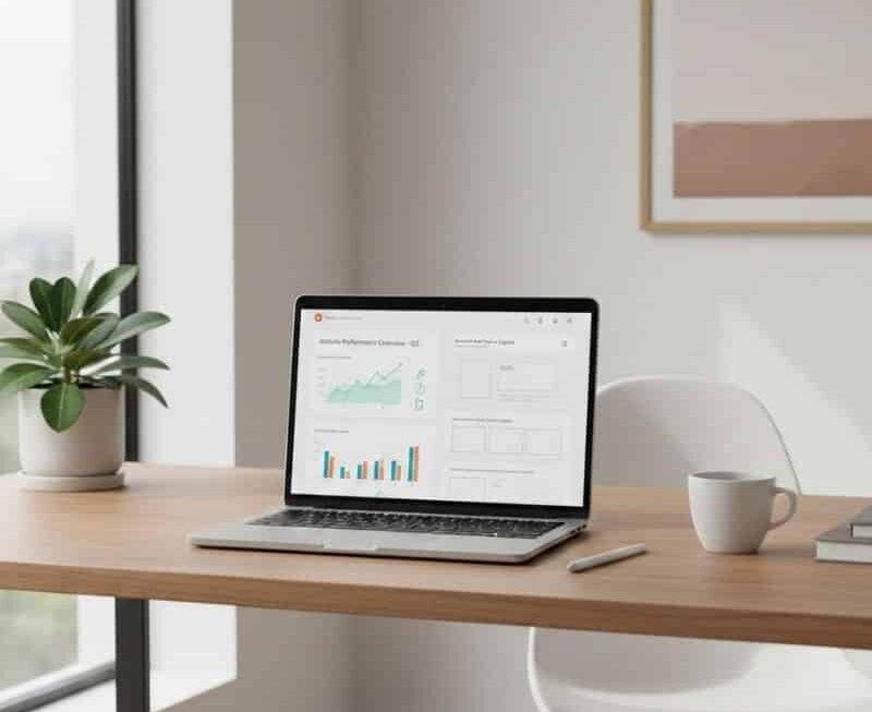 Laptop displaying a website audit dashboard highlighting on-page SEO elements like headings, internal links, mobile usability and page speed.