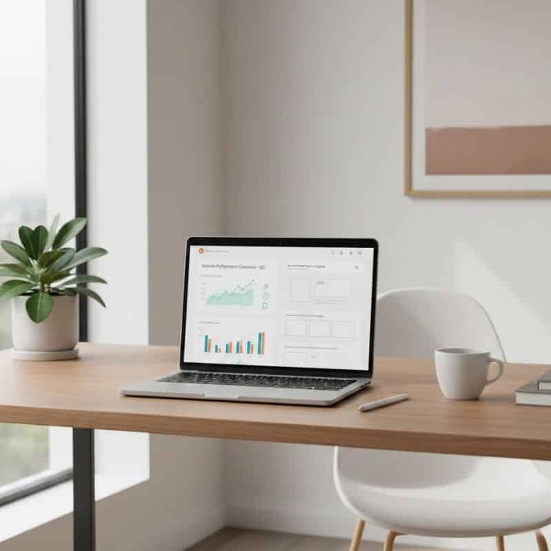 Laptop displaying a website audit dashboard highlighting on-page SEO elements like headings, internal links, mobile usability and page speed.