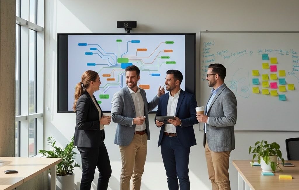 Australian team reviewing a strong SEO strategy roadmap with performance charts and planning notes.