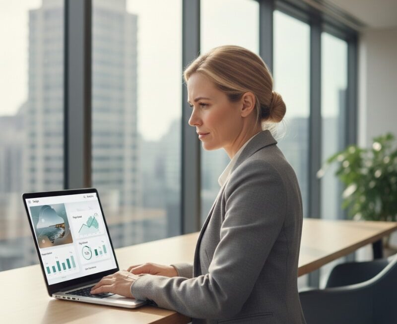 Australian business owner reviewing SEO performance data on a laptop.