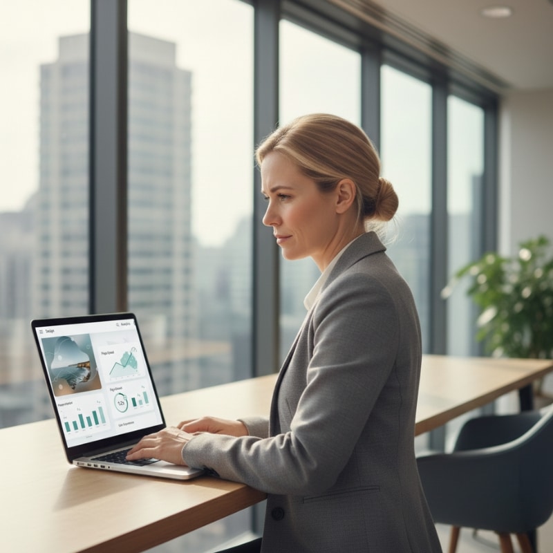 Australian business owner reviewing SEO performance data on a laptop.