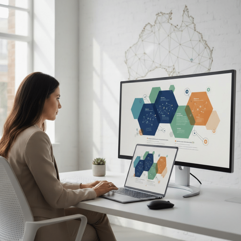 Marketer reviewing AI-generated search summaries and website content strategy for answer engine optimisation in Australia.