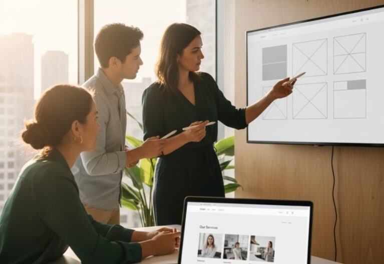 Australian service business team reviewing a conversion-focused service website layout on screen.