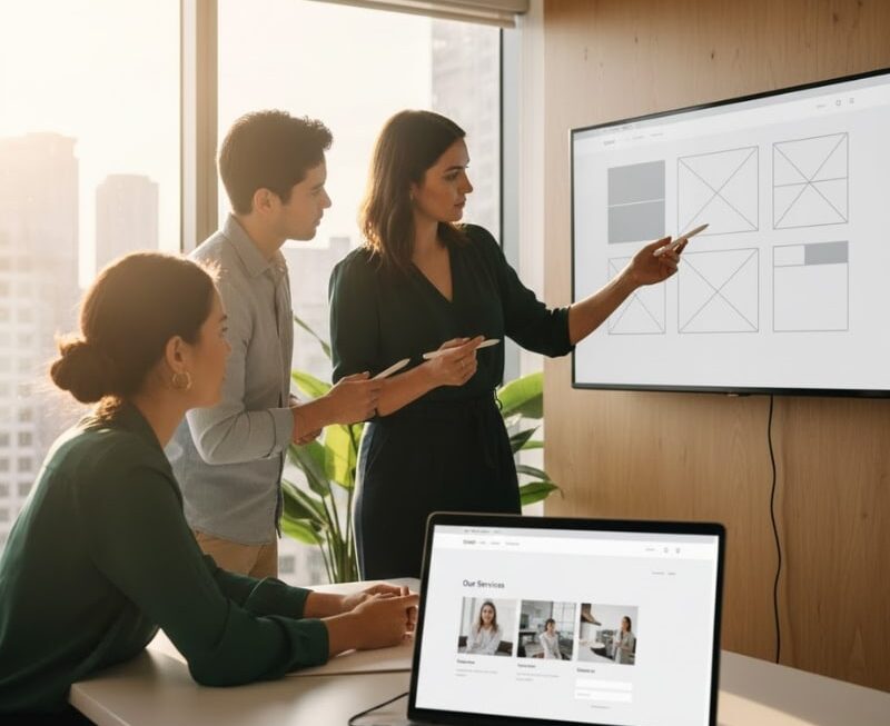 Australian service business team reviewing a conversion-focused service website layout on screen.
