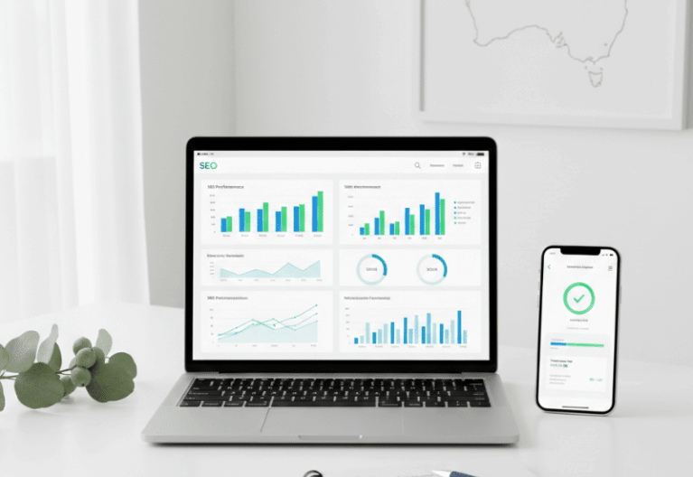SEO audit checklist and website performance review for Australian businesses on a laptop dashboard.