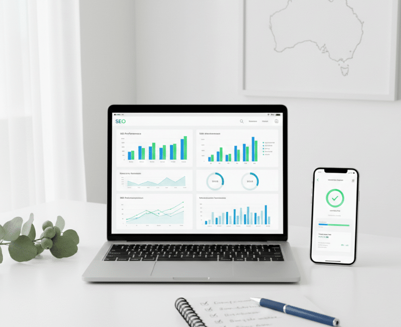 SEO audit checklist and website performance review for Australian businesses on a laptop dashboard.