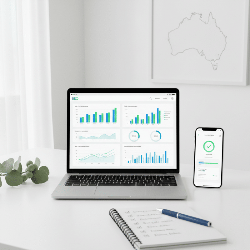SEO audit checklist and website performance review for Australian businesses on a laptop dashboard.