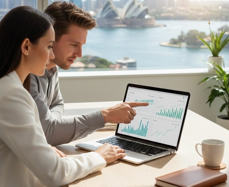 Australian business owner reviewing an SEO results timeline dashboard with an SEO specialist in a Sydney office.