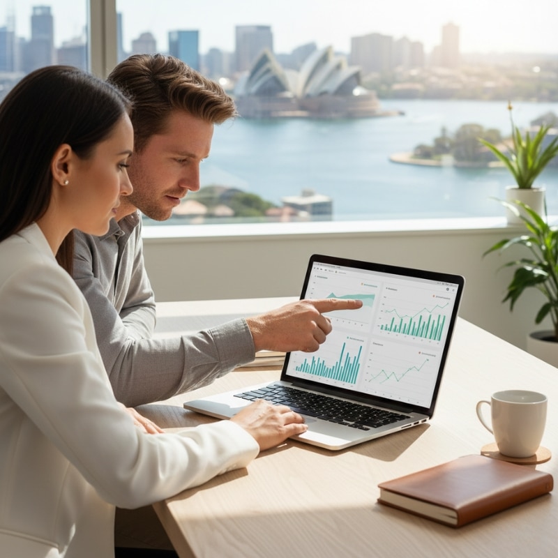 Australian business owner reviewing an SEO results timeline dashboard with an SEO specialist in a Sydney office.