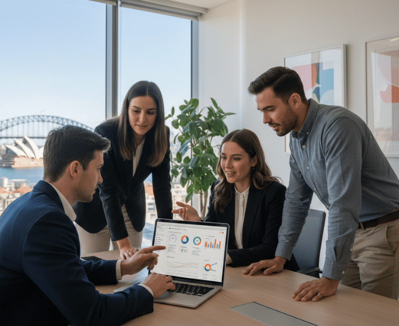Australian agency team reviewing white label SEO performance dashboards in a modern office.