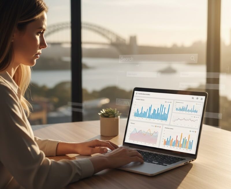 Australian marketer analysing Google ranking fluctuations and SEO performance trends on a laptop.