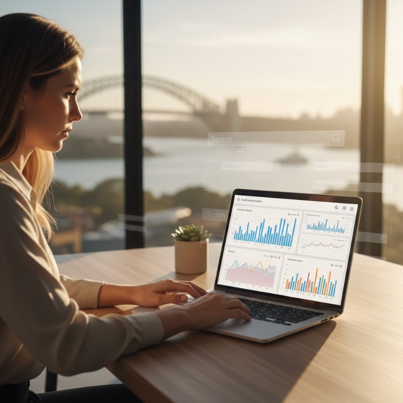 Australian marketer analysing Google ranking fluctuations and SEO performance trends on a laptop.