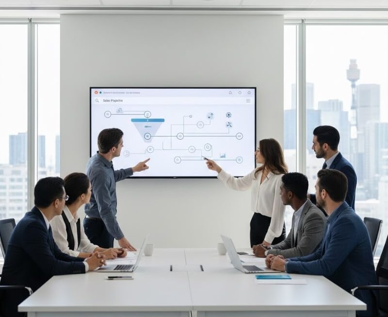 Australian team reviewing CRM pipeline dashboard with automation workflows for improved ROI