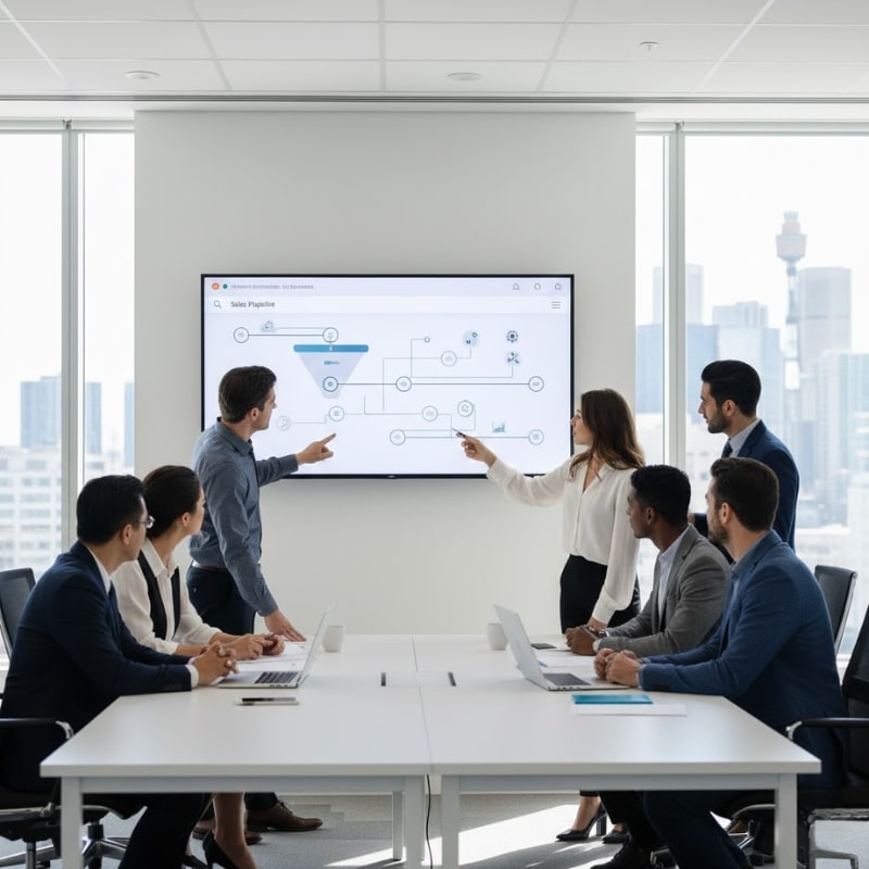 Australian team reviewing CRM pipeline dashboard with automation workflows for improved ROI