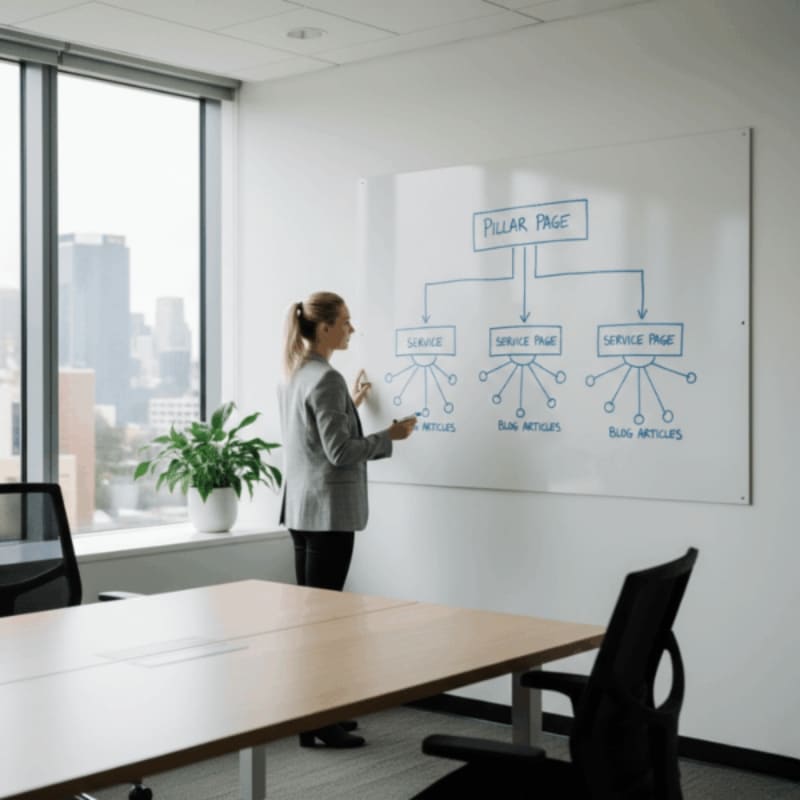 Diagram-style visual of a pillar service page branching into multiple supporting service pages for SEO growth in Australia