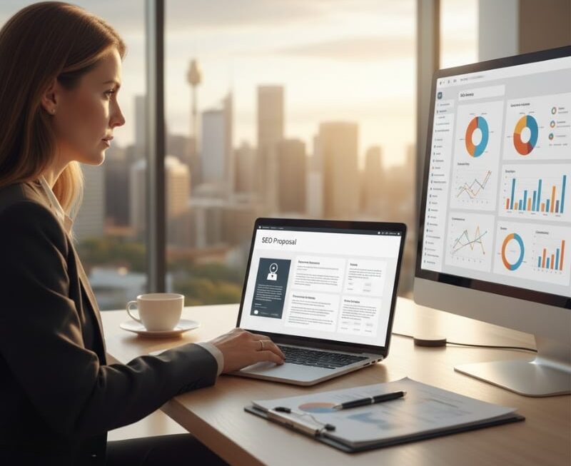 Australian business owner reviewing an SEO agency proposal and analytics dashboard