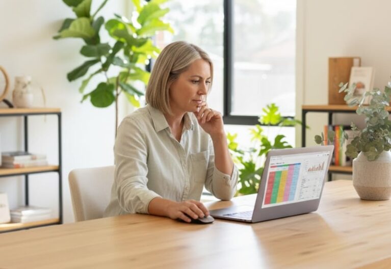 Australian business owner reviewing blog performance and SEO rankings on a laptop