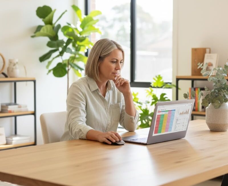Australian business owner reviewing blog performance and SEO rankings on a laptop
