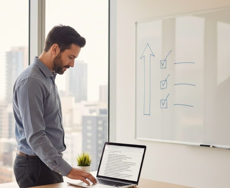 “SEO consultant reviewing competitor rankings on a laptop with a growth checklist on a whiteboard”