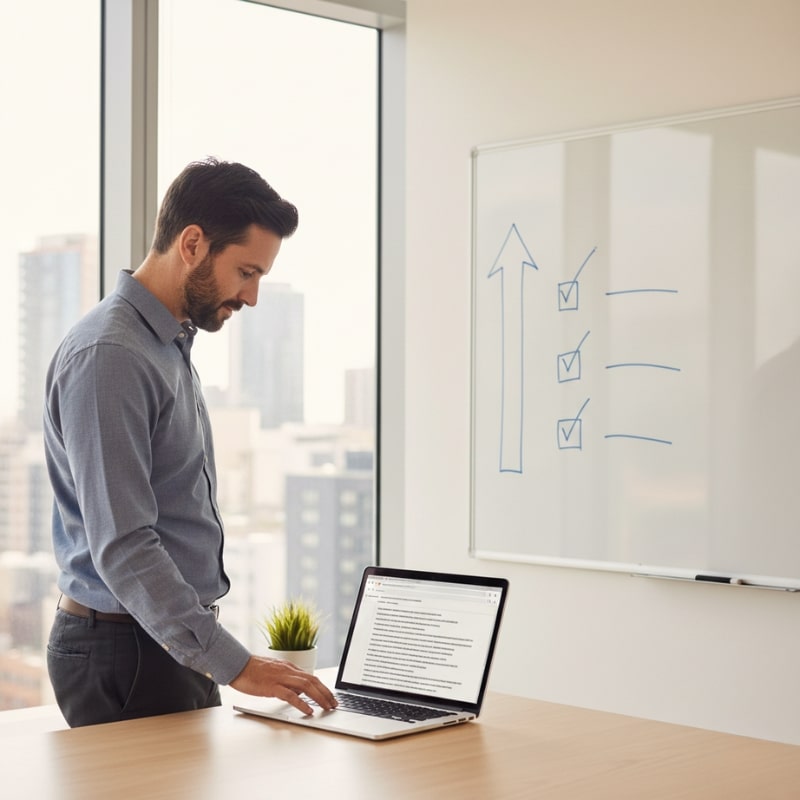 “SEO consultant reviewing competitor rankings on a laptop with a growth checklist on a whiteboard”