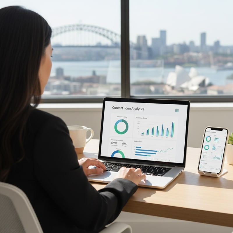 Australian business owner reviewing website contact page performance to improve lead conversions