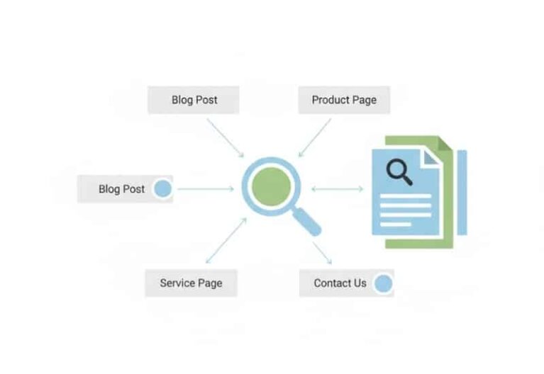 Illustration showing how search engines discover, crawl, and index website pages.