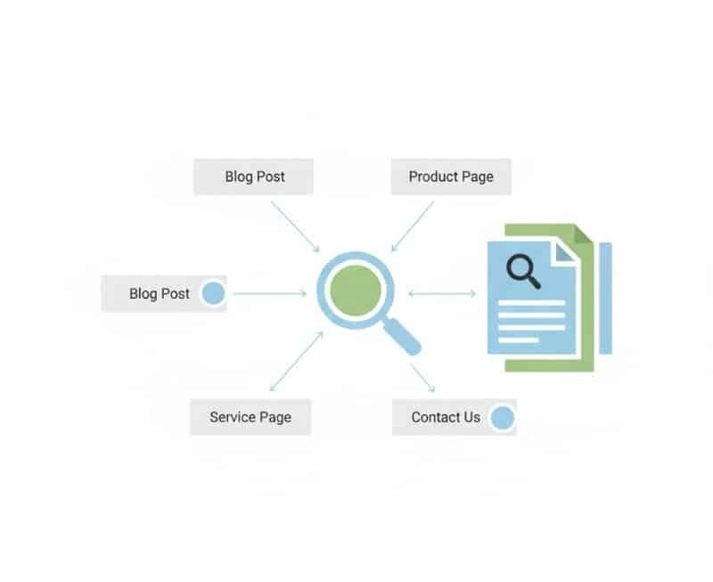 Illustration showing how search engines discover, crawl, and index website pages.