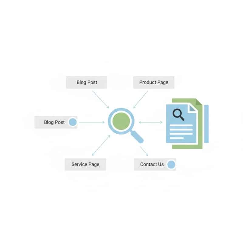 Illustration showing how search engines discover, crawl, and index website pages.