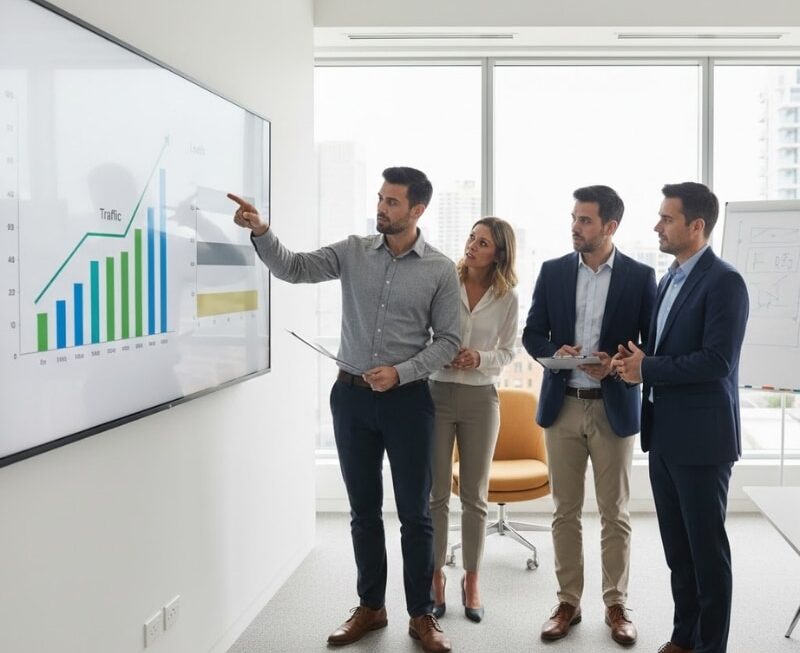Australian team analysing rising website traffic while leads remain flat on an analytics dashboard.