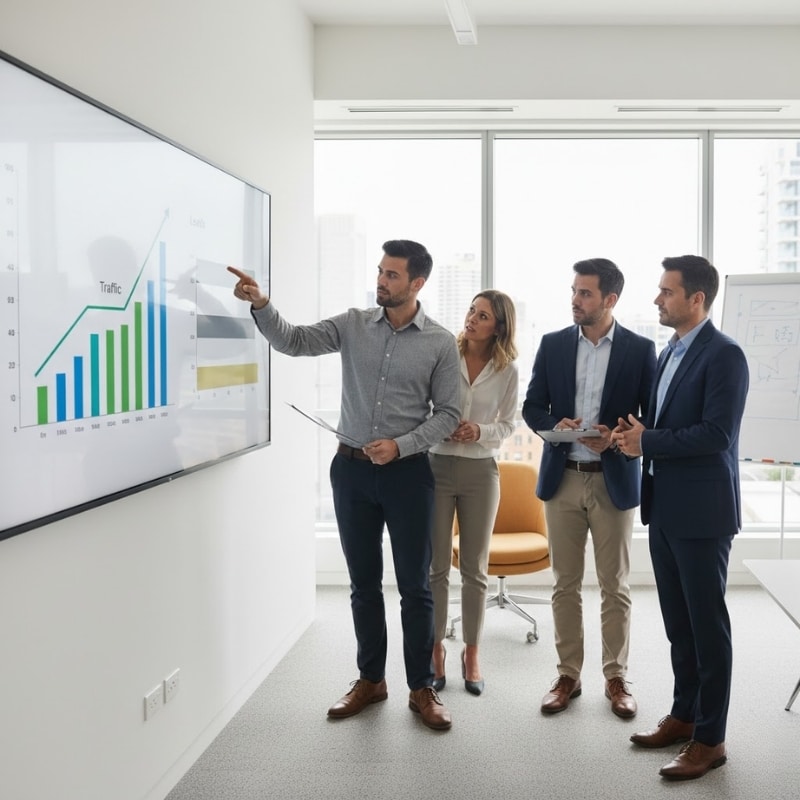 Australian team analysing rising website traffic while leads remain flat on an analytics dashboard.