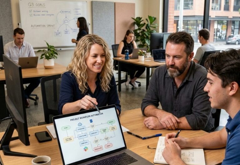 Team reviewing whether to use automation tools or a custom build for business workflows in Australia
