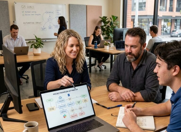 Team reviewing whether to use automation tools or a custom build for business workflows in Australia