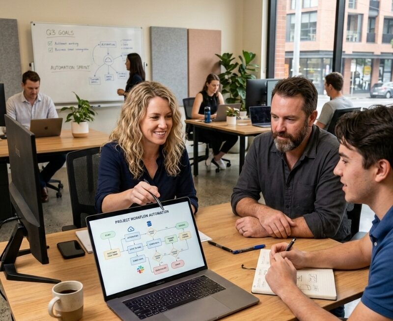 Team reviewing whether to use automation tools or a custom build for business workflows in Australia
