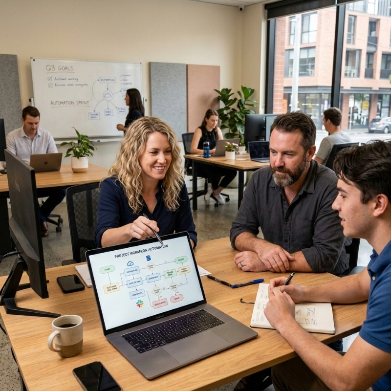 Team reviewing whether to use automation tools or a custom build for business workflows in Australia