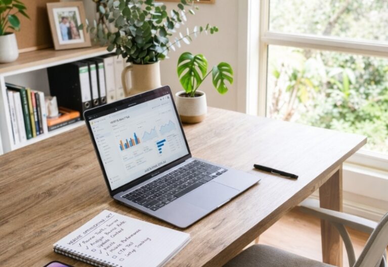 reviewing a website visibility checklist while checking Google indexing and search performance.