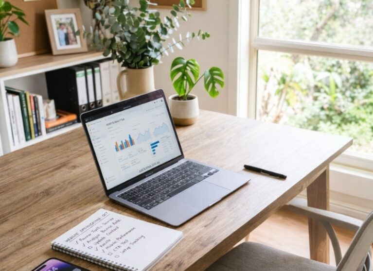reviewing a website visibility checklist while checking Google indexing and search performance.