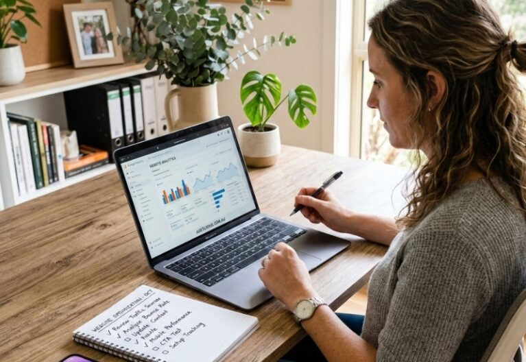 Person reviewing a website visibility checklist while checking Google indexing and search performance.