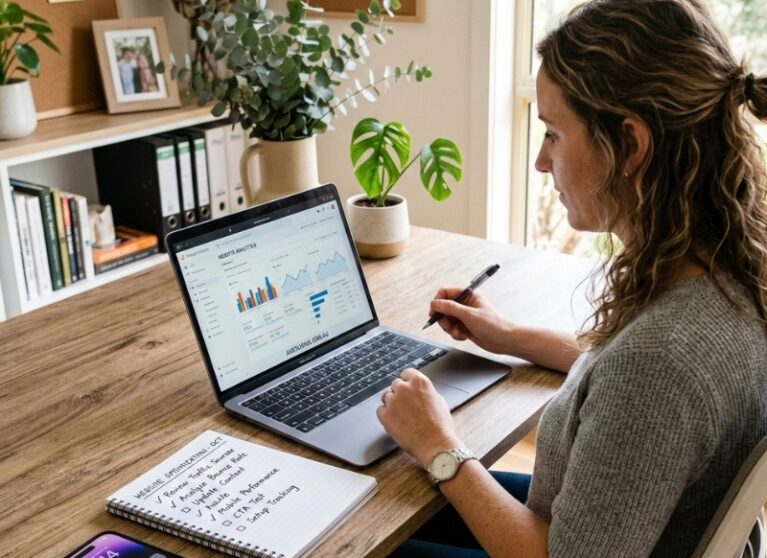 Person reviewing a website visibility checklist while checking Google indexing and search performance.