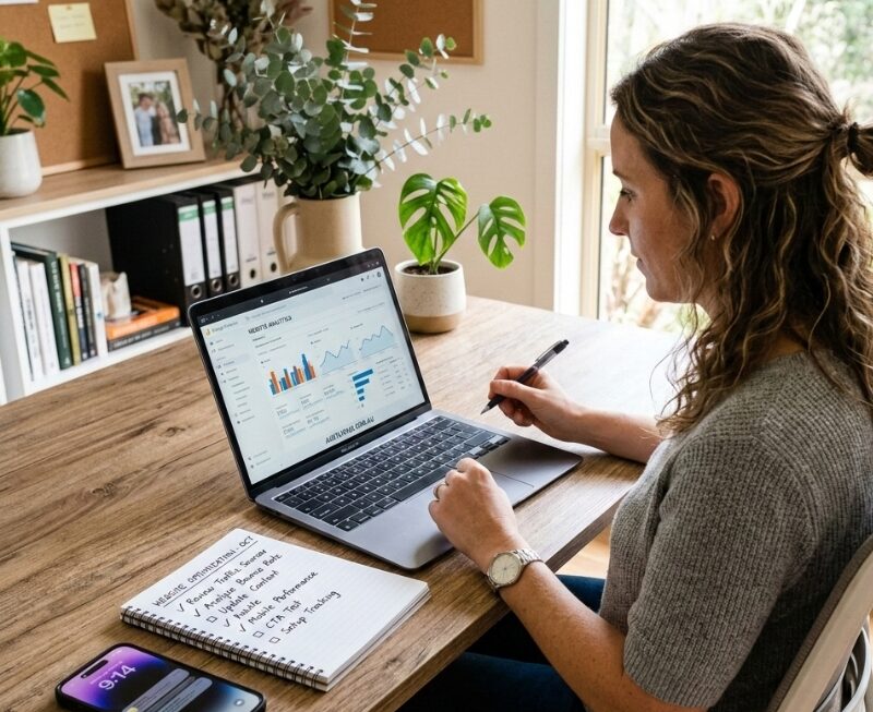 Person reviewing a website visibility checklist while checking Google indexing and search performance.
