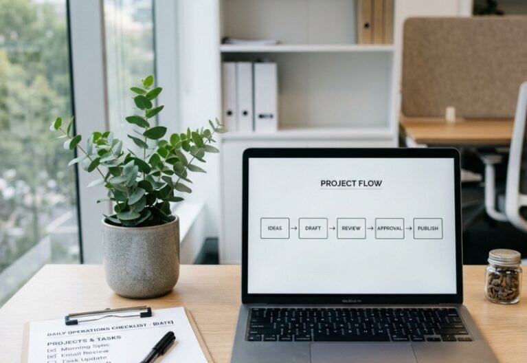 ChatGPT workflow readiness checklist for Australian businesses with a workflow diagram and checklist on a desk