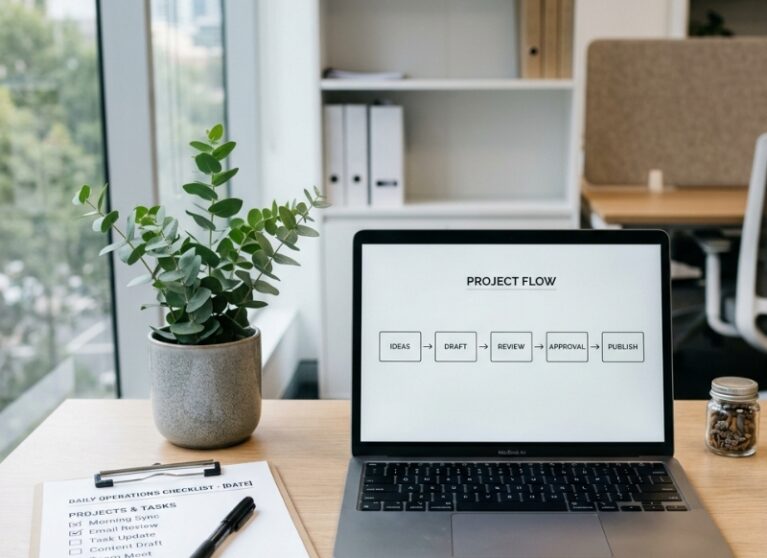 ChatGPT workflow readiness checklist for Australian businesses with a workflow diagram and checklist on a desk