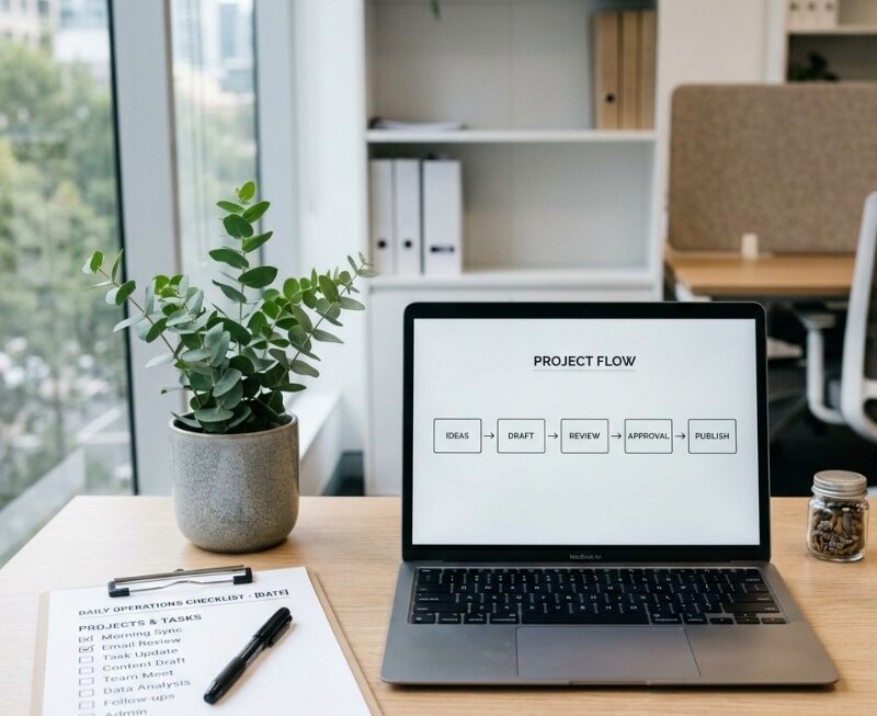ChatGPT workflow readiness checklist for Australian businesses with a workflow diagram and checklist on a desk