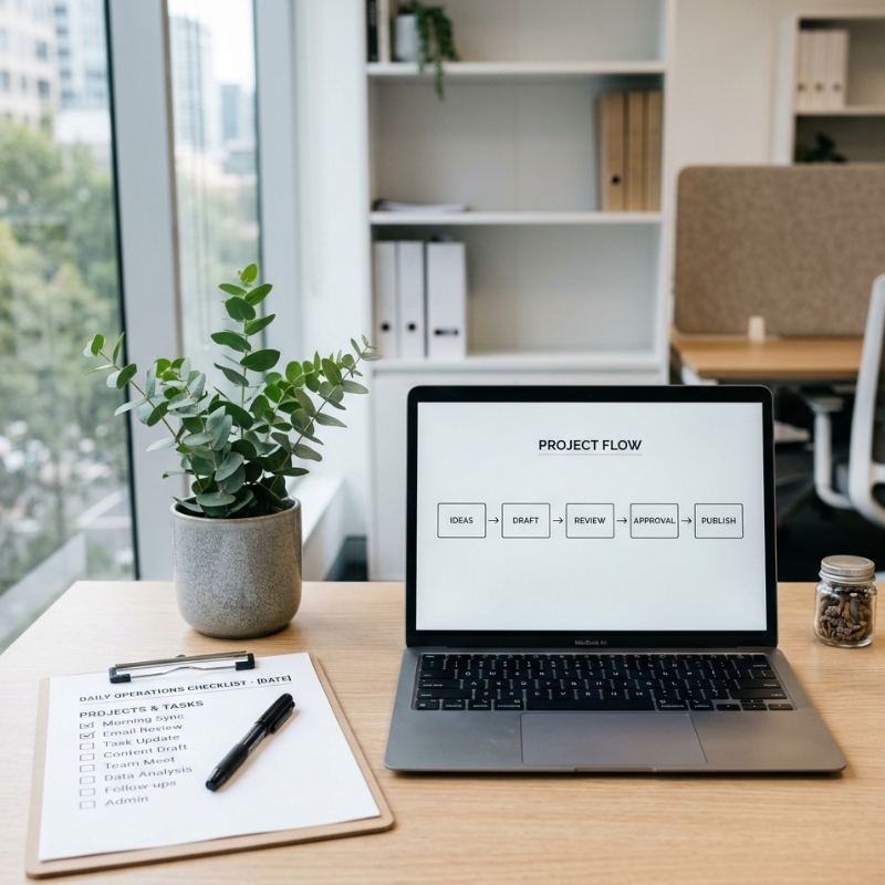 ChatGPT workflow readiness checklist for Australian businesses with a workflow diagram and checklist on a desk