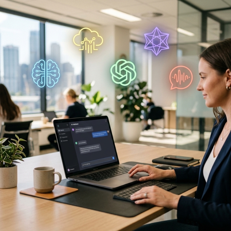 Comparison of AI tools for business tasks, showing multiple assistants supporting research, writing and productivity