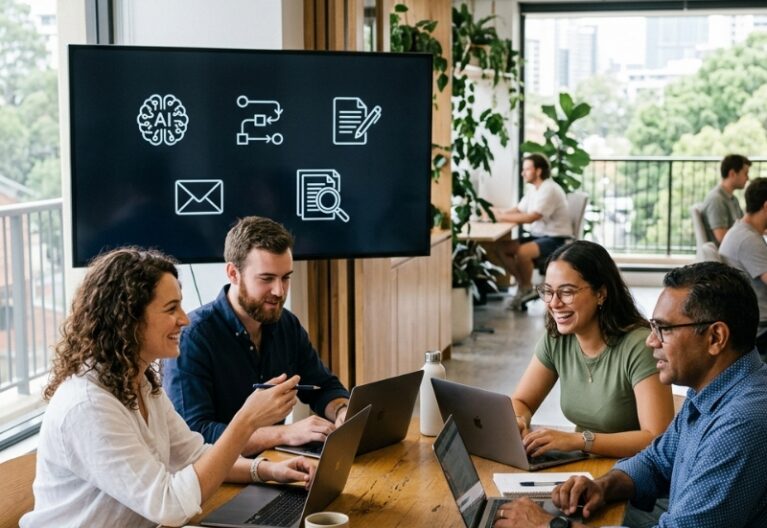 Team comparing AI assistants for business tasks like writing, research, and meeting summaries in an Australian office.