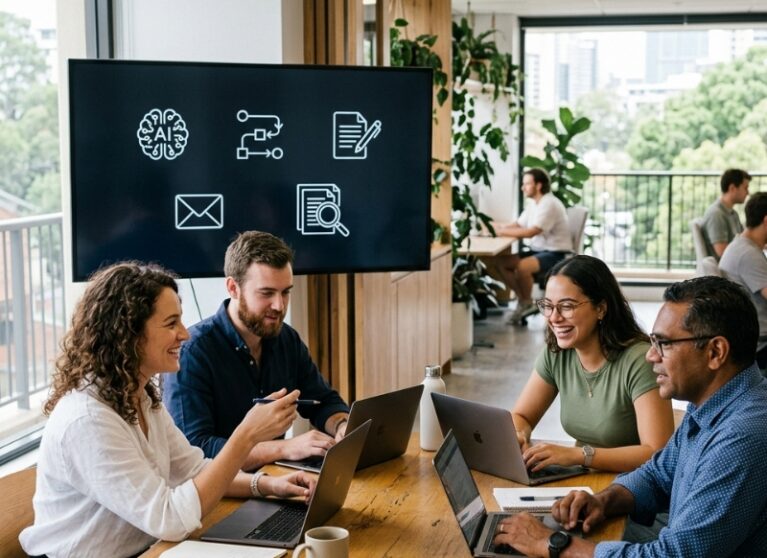 Team comparing AI assistants for business tasks like writing, research, and meeting summaries in an Australian office.