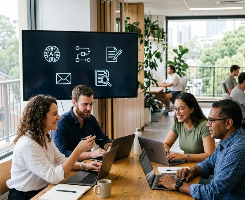 Team comparing AI assistants for business tasks like writing, research, and meeting summaries in an Australian office.