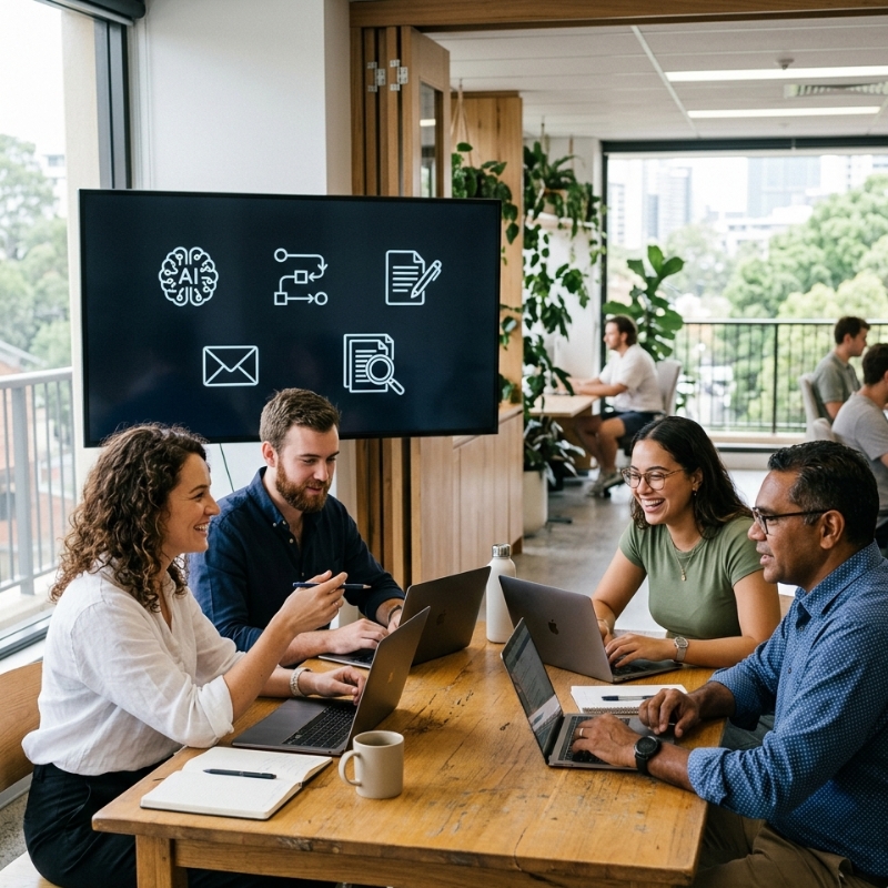 Team comparing AI assistants for business tasks like writing, research, and meeting summaries in an Australian office.